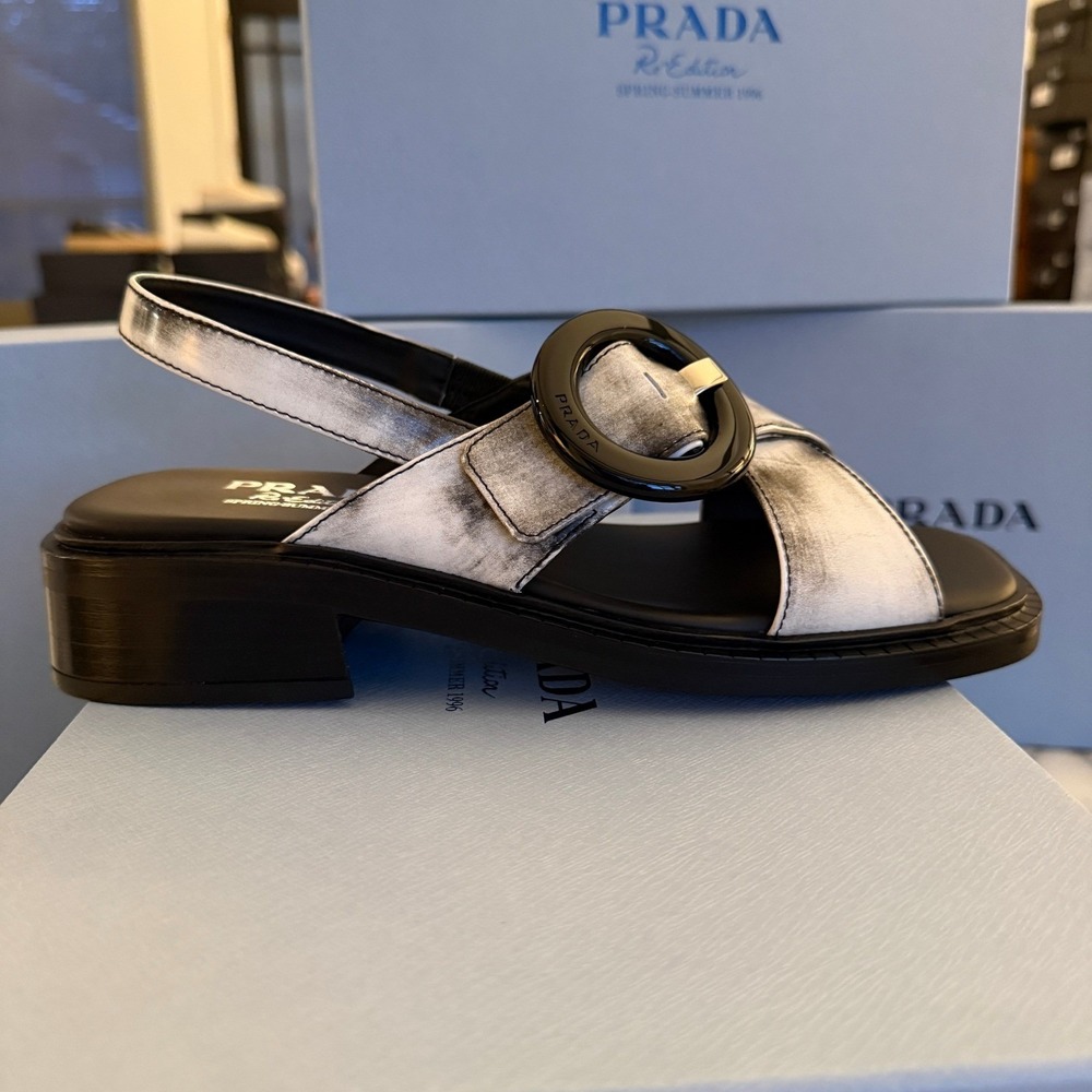 Prada 1X962N Women White/Black Leather slingback sandals shoes size 39.5 US 9.5 - Picture 3 of 14